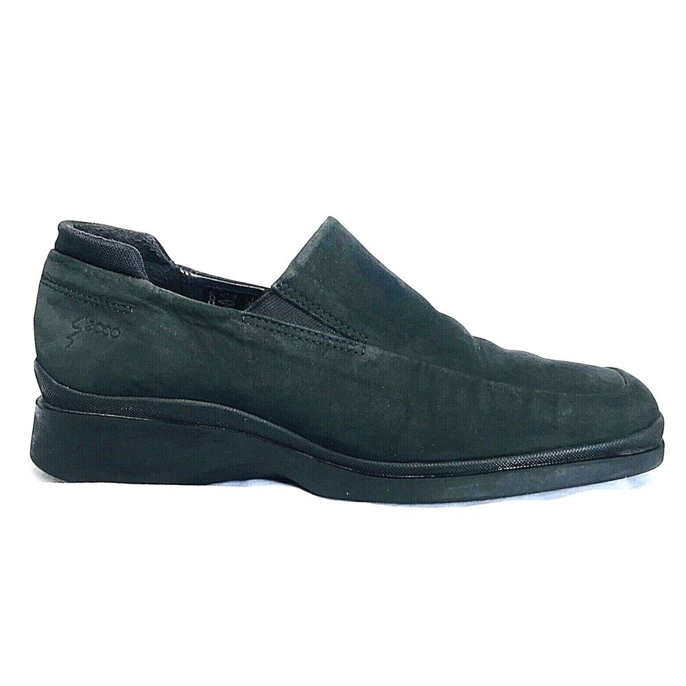 ECCO Shoes Suede Chunk Heel Square Toe Black Twist 6 Womens Slip-On Loafers
